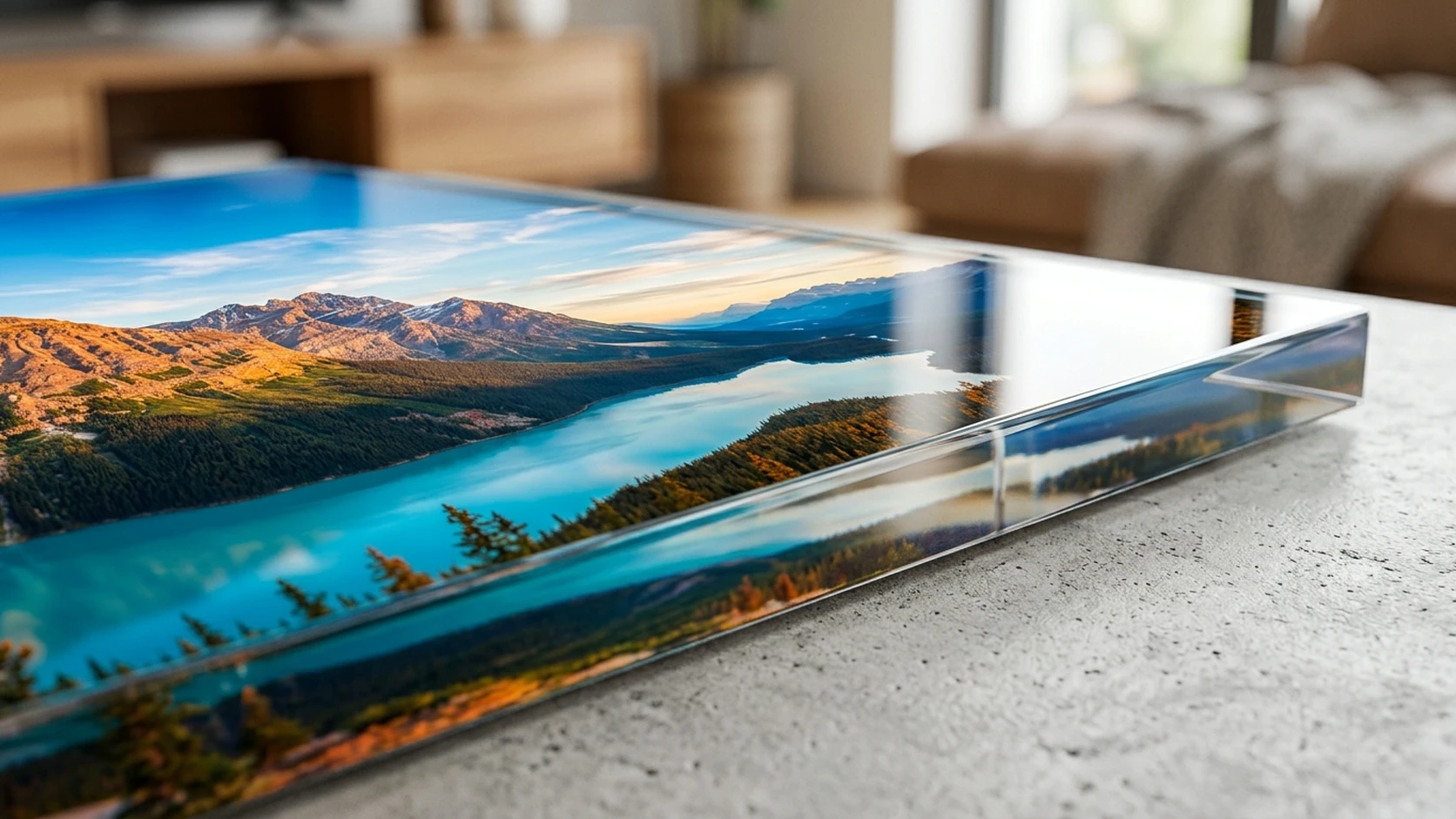 Close-up of an acrylic print's clear glossy edge showing a mountain lake landscape