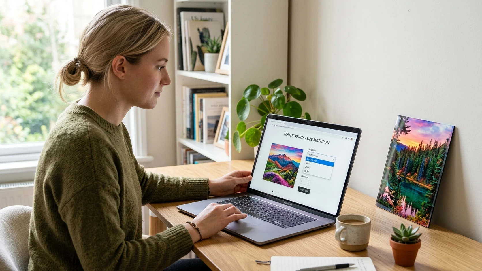 Woman selecting an acrylic print size and uploading a photo on a laptop at a desk