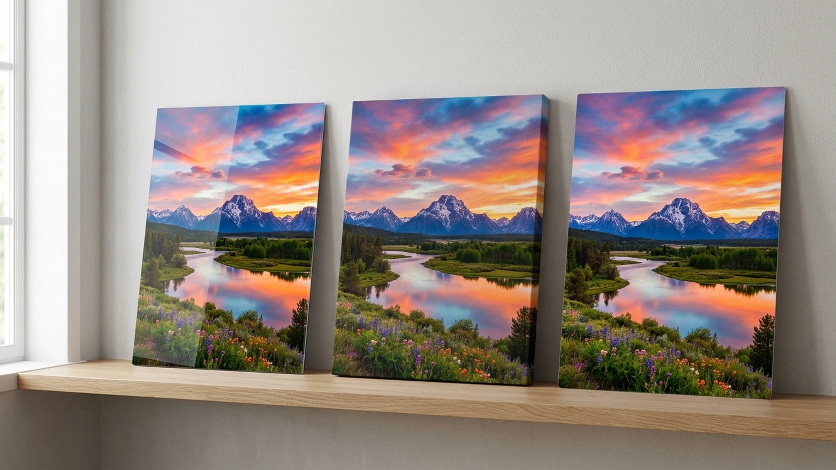 Three acrylic prints of a mountain sunset landscape displayed on a wooden shelf