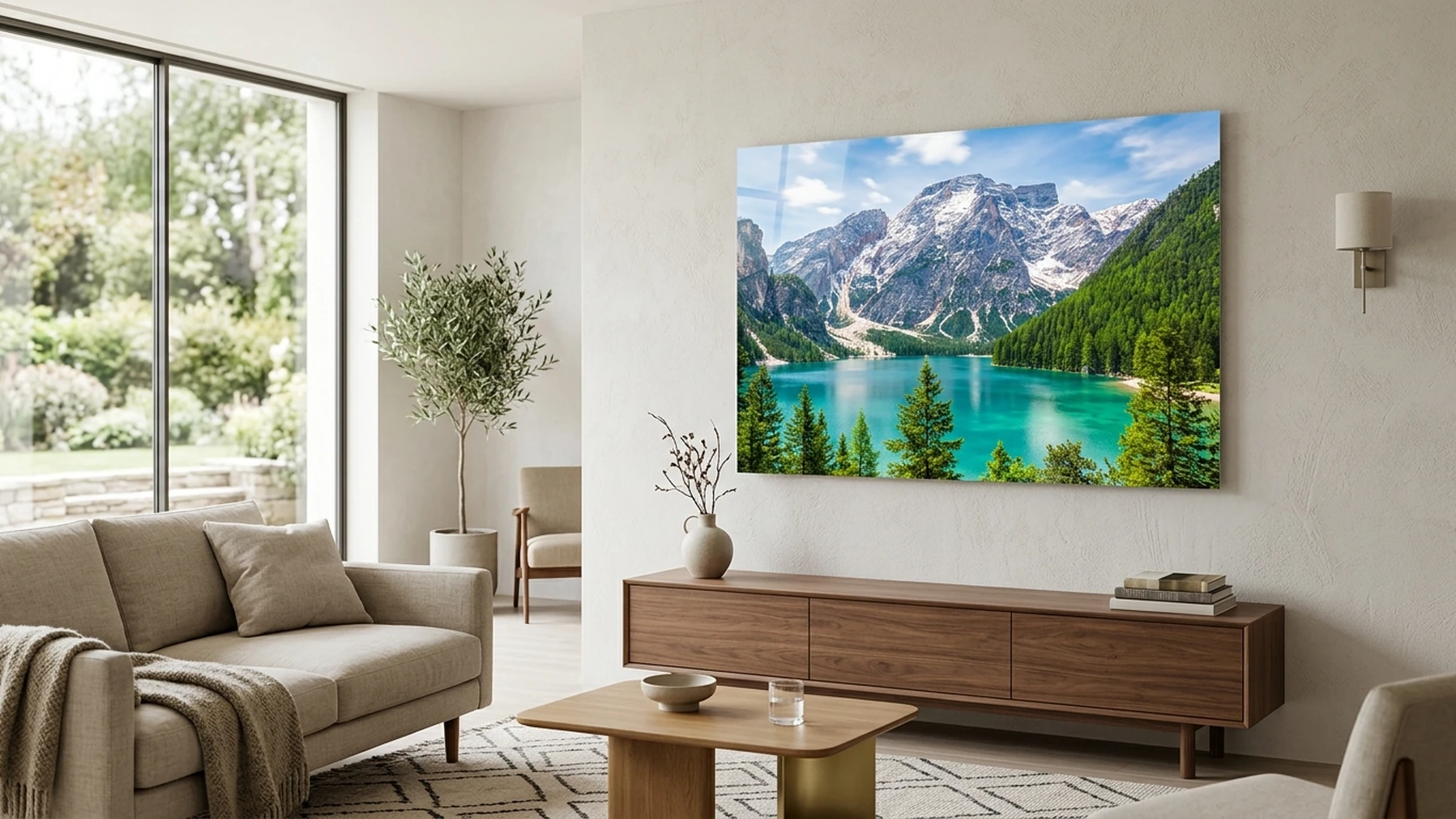 Turquoise mountain lake photo on a large acrylic print above a living-room sideboard