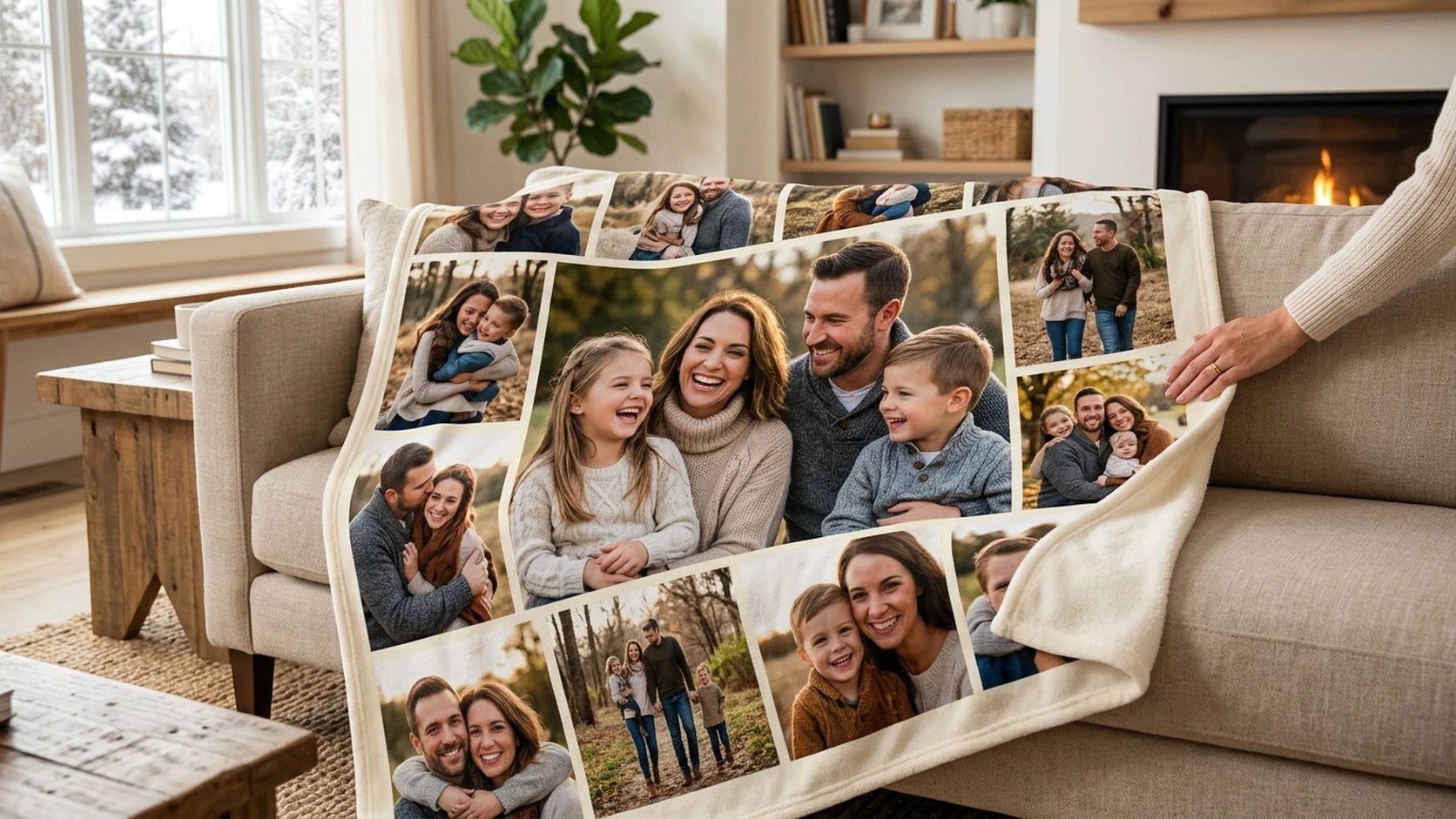 A family photo fleece blanket draped over a sofa in a bright living room
