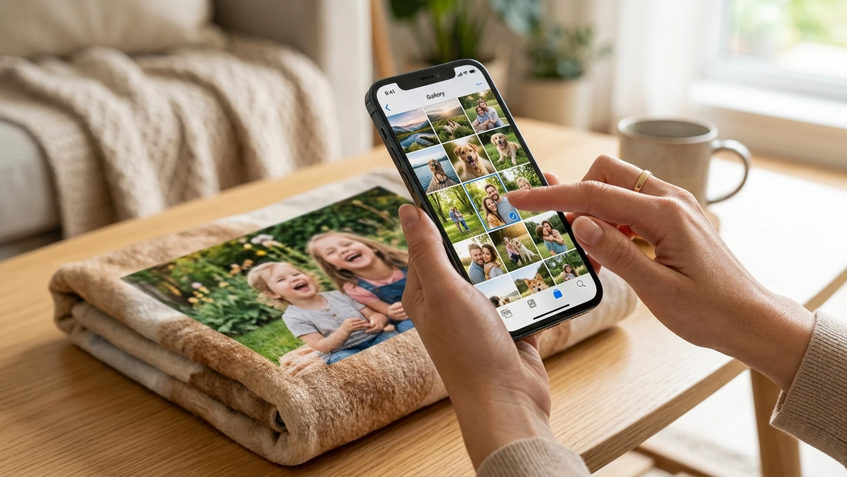 Selecting photos in a phone gallery beside a folded custom photo blanket on a table