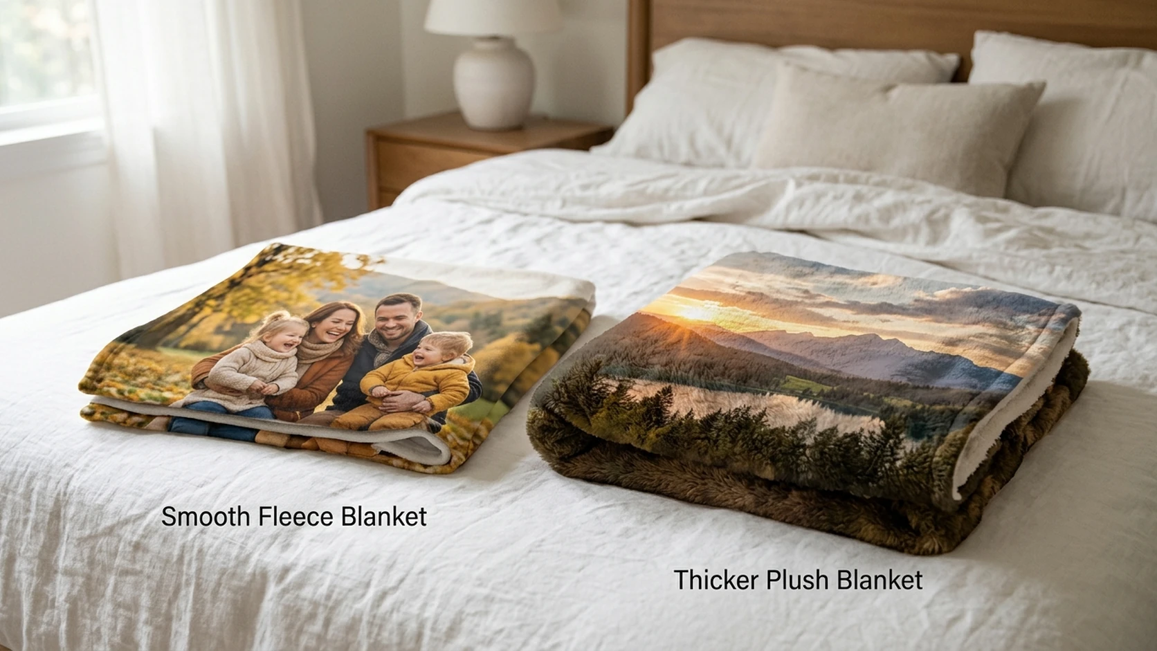 Fleece and plush photo blankets side by side on a bed, labeled smooth fleece and thicker plush