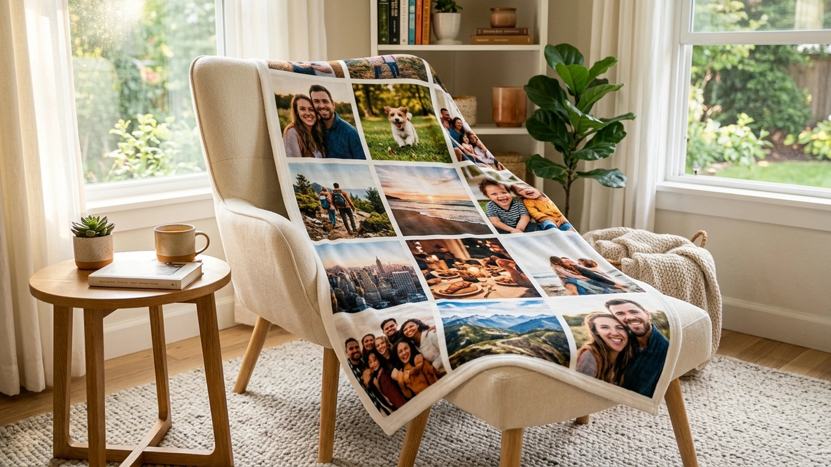 A photo-collage blanket draped over an armchair by a window in a bright room