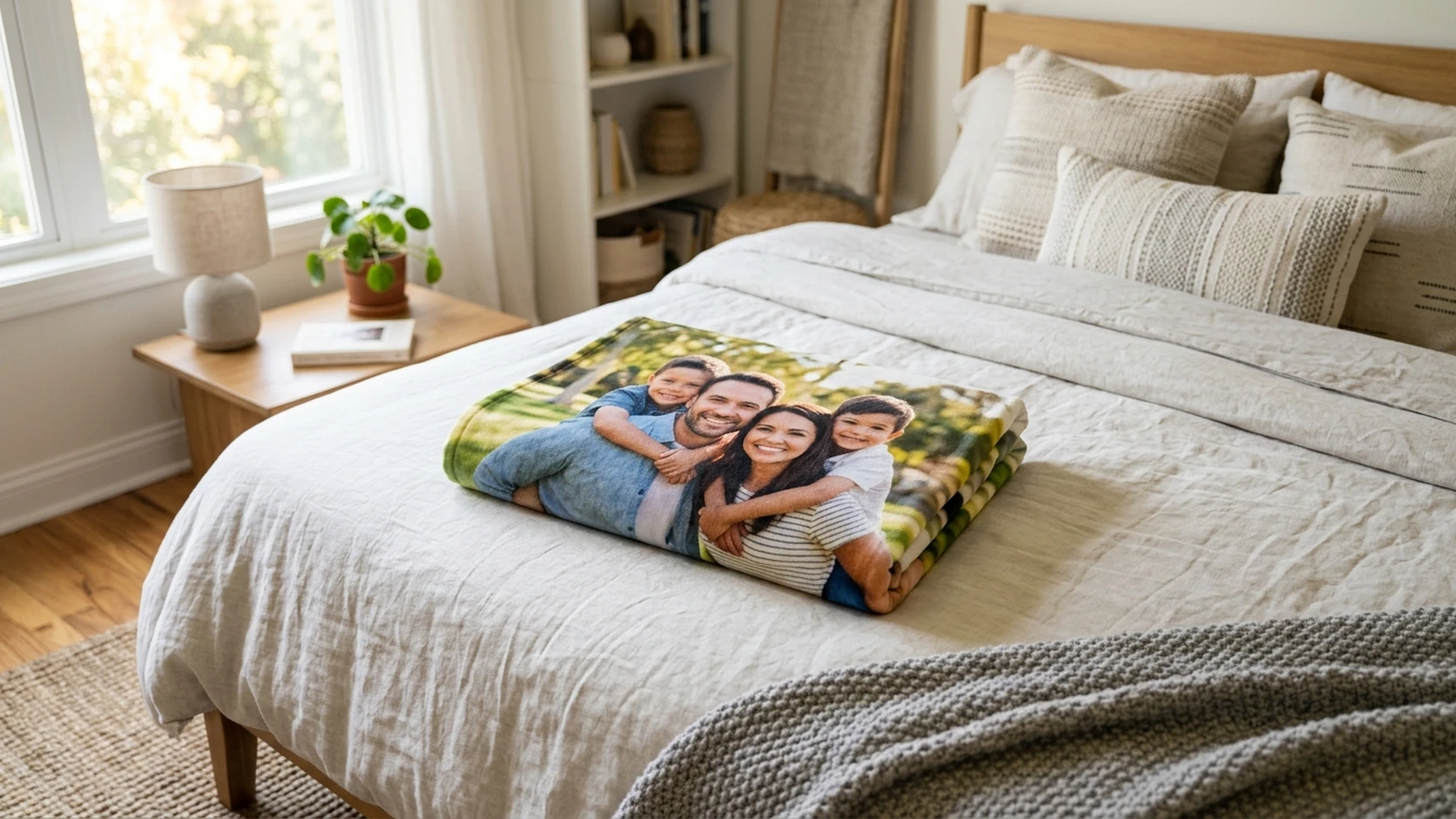 A folded family photo blanket on a made bed in a cozy bedroom
