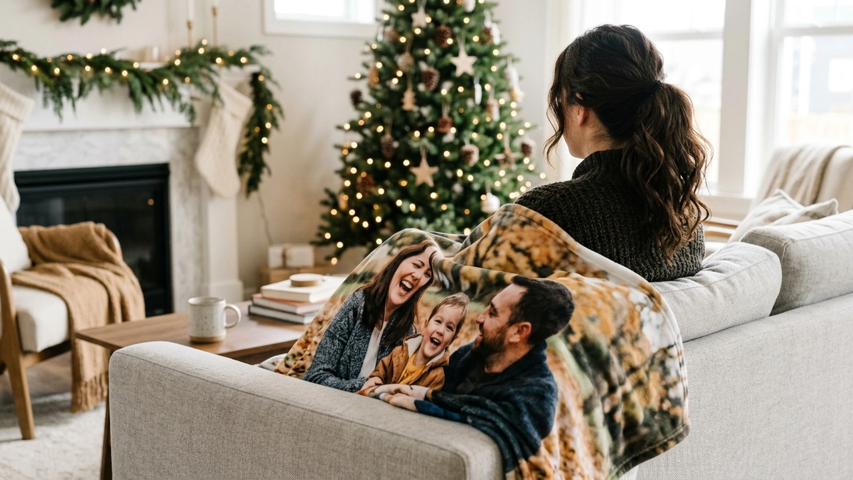 A woman wrapped in a family photo blanket on a sofa facing a Christmas tree