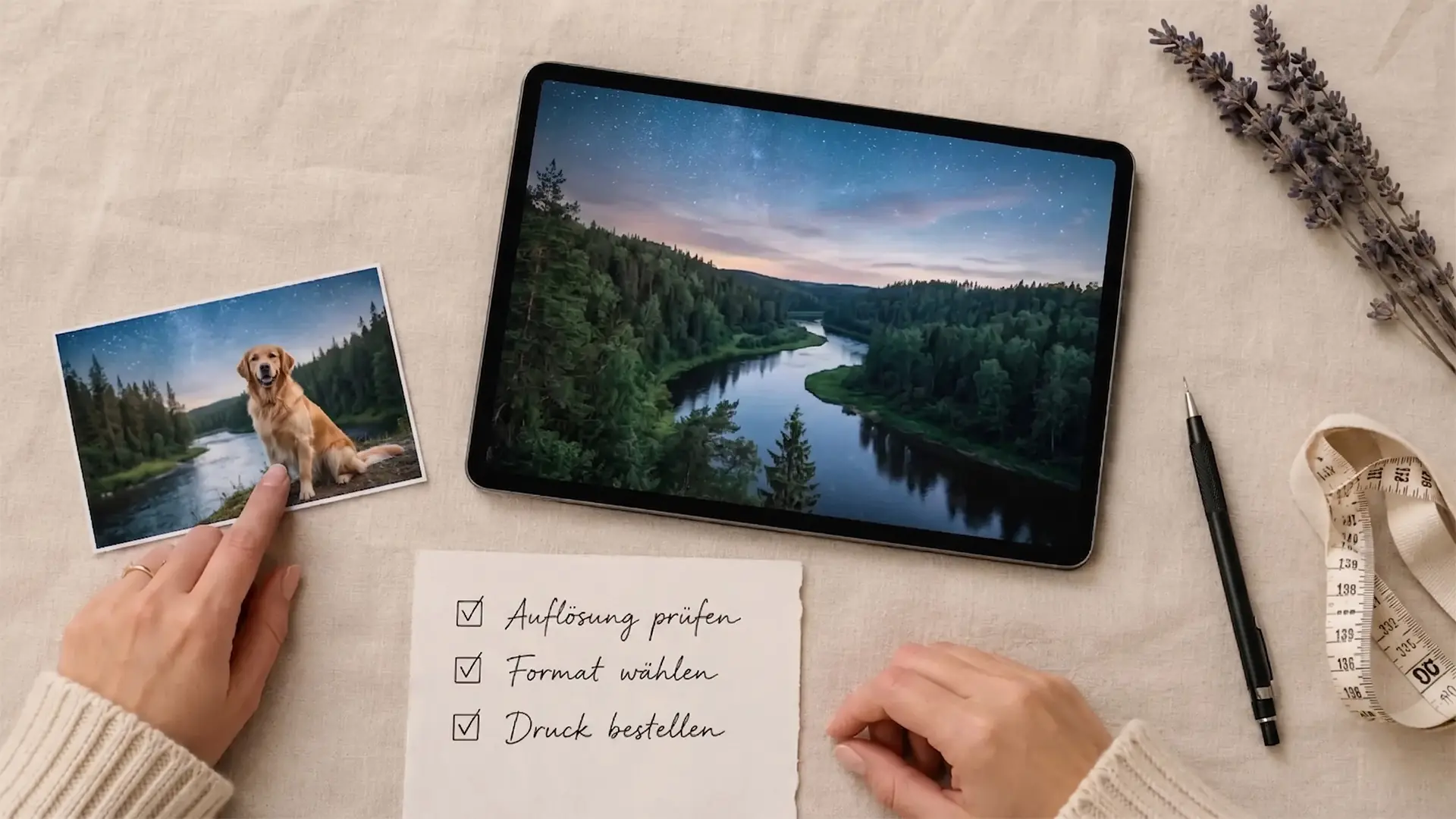 Tablet with family photo and a handwritten checklist: check resolution, choose format, place order