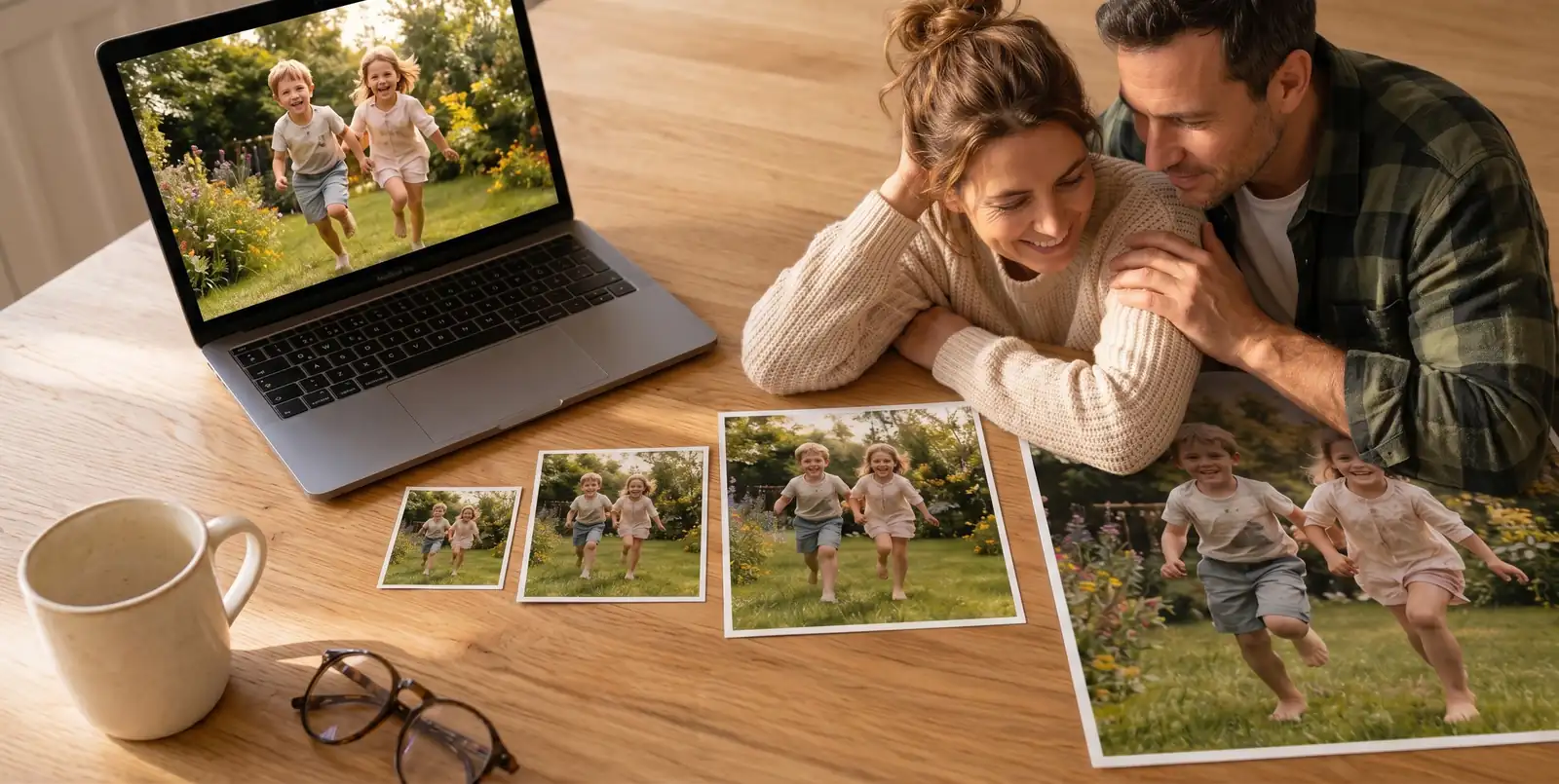 Couple comparing four different print sizes at the dining table with a note: which size fits the living room