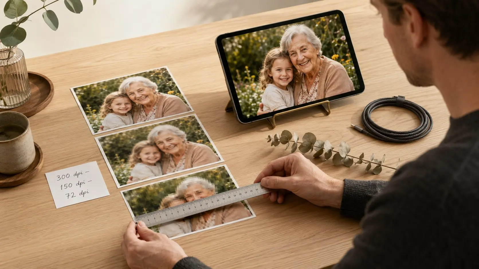 Comparison of photo prints at 300 dpi, 150 dpi and 72 dpi with visible sharpness difference