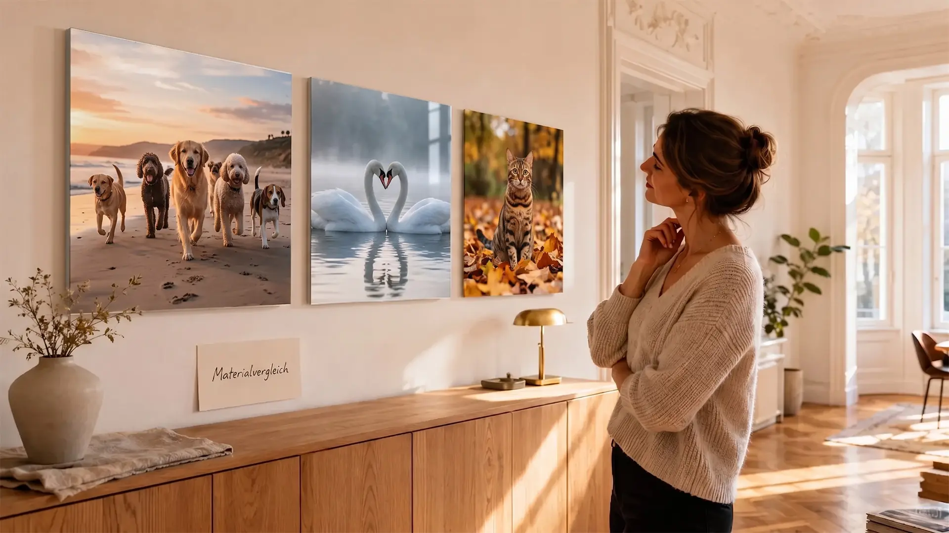 Three canvases in material comparison on the wall with different family motifs