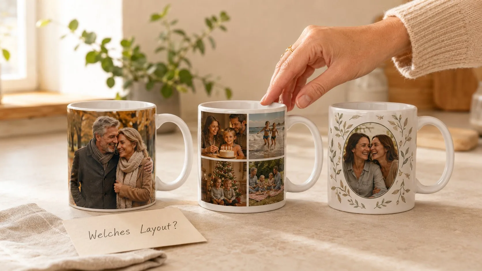 Woman in the kitchen holding a custom photo mug with a family photo next to two more photo mugs and a note reading My Photo Mug