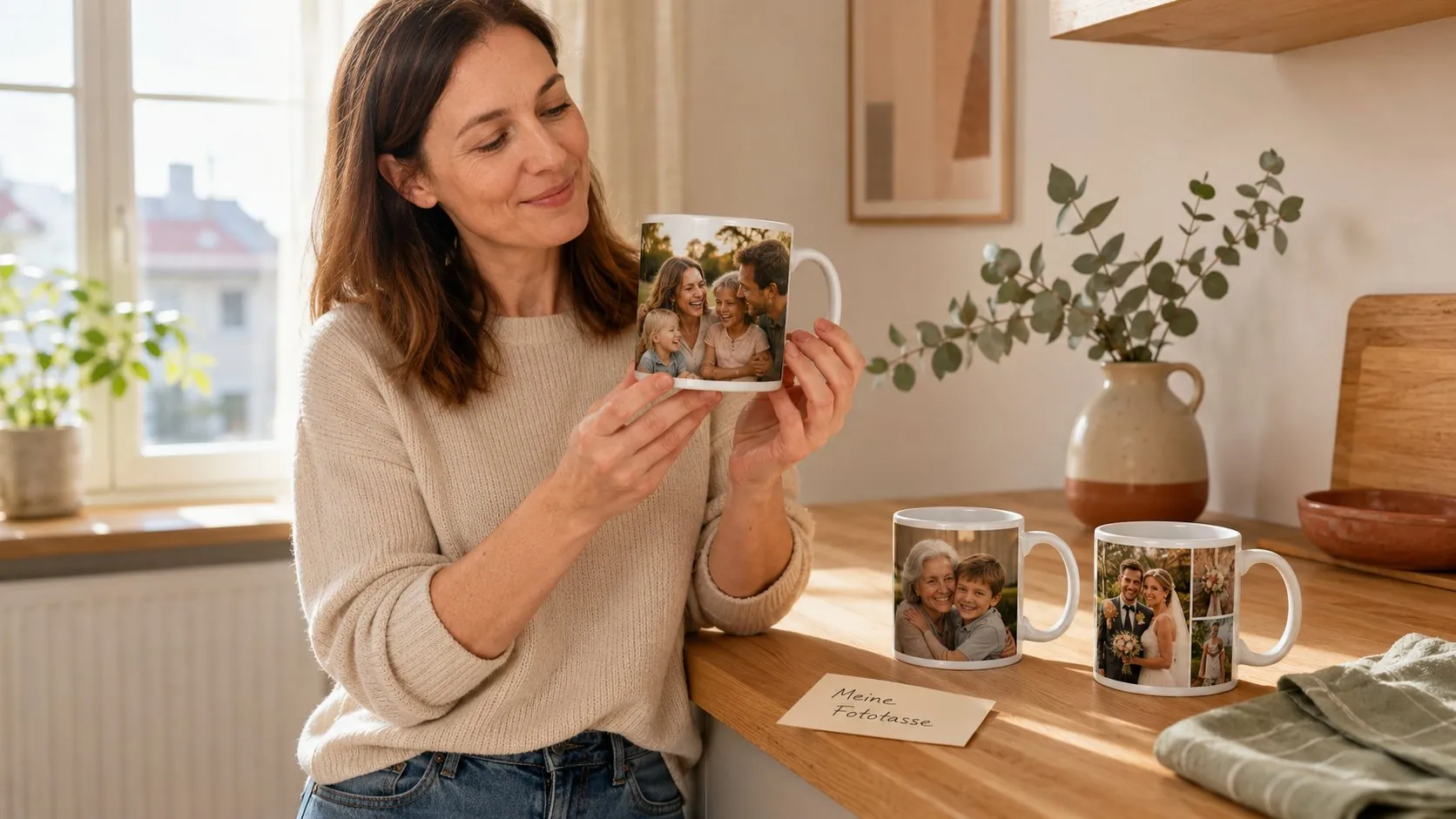 Three custom photo mugs with full-image collage and template layouts side by side with a card about choosing a layout