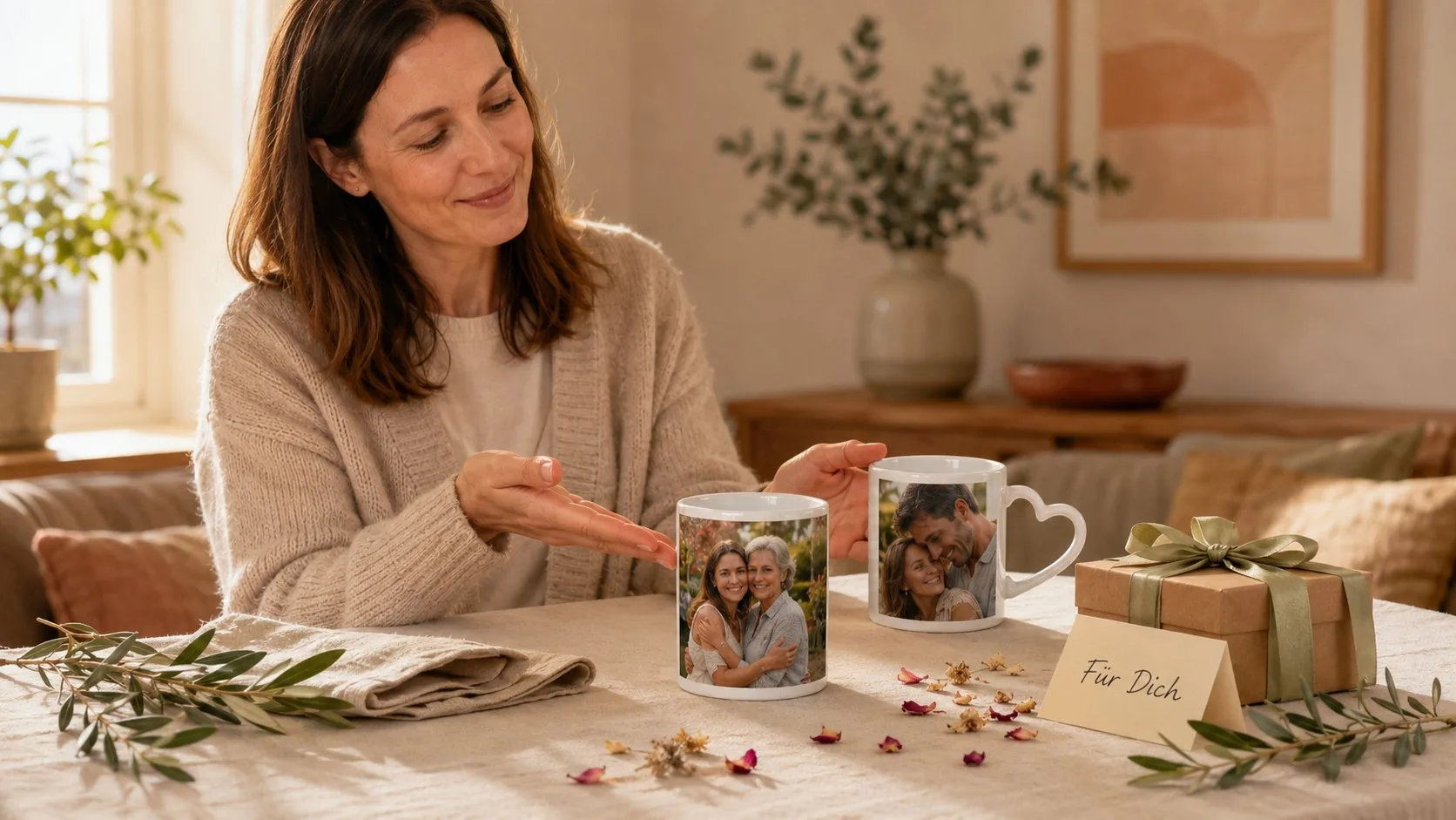 Woman handing over a custom photo mug with a mother-and-daughter motif as a gift with a card reading For You