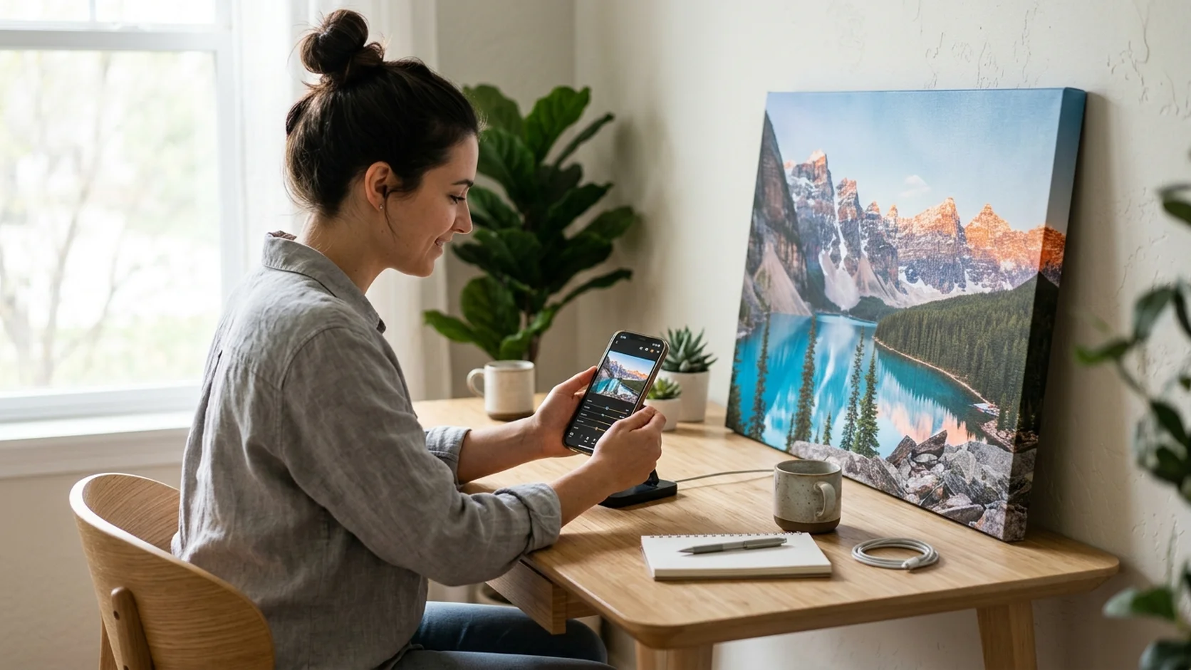 A woman editing a mountain lake photo on her phone beside the finished canvas print of the scene