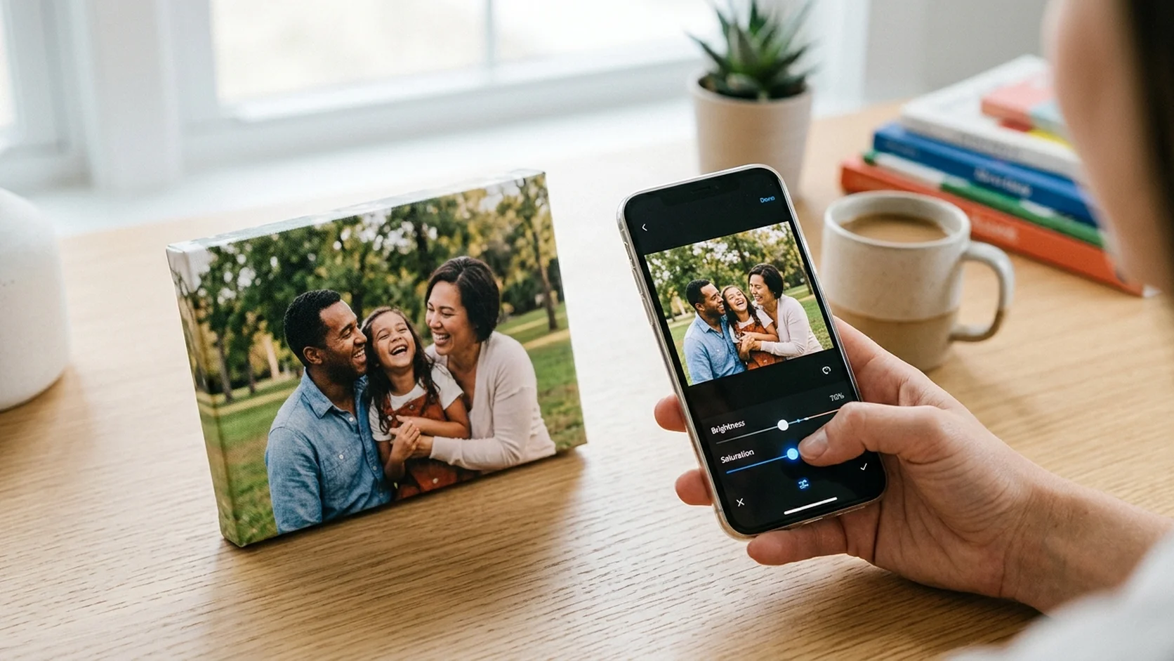 Boosting brightness and saturation in a phone editor beside the printed family portrait canvas