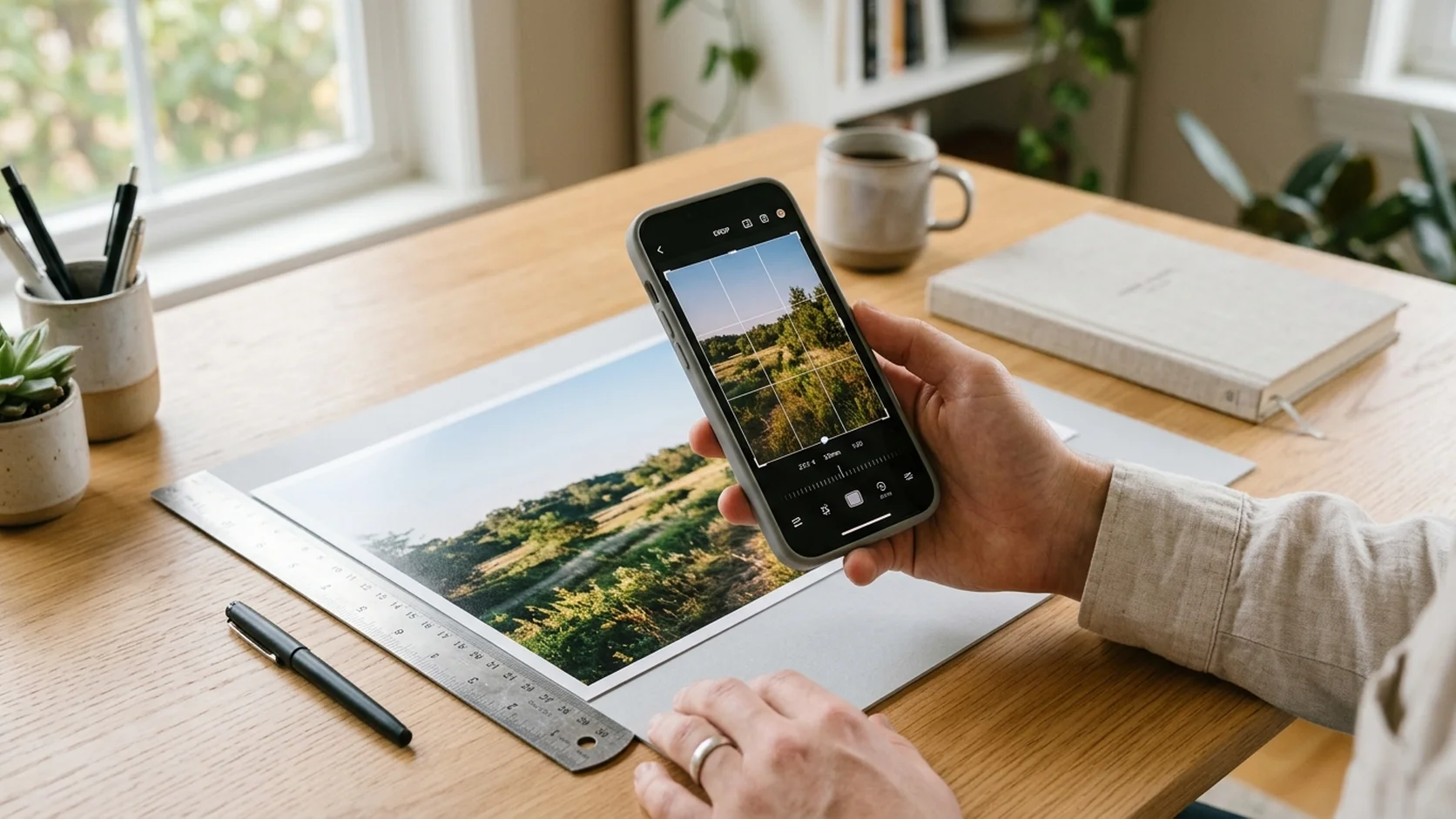 Cropping a landscape photo on a phone with the crop grid, beside a printed photo and a ruler