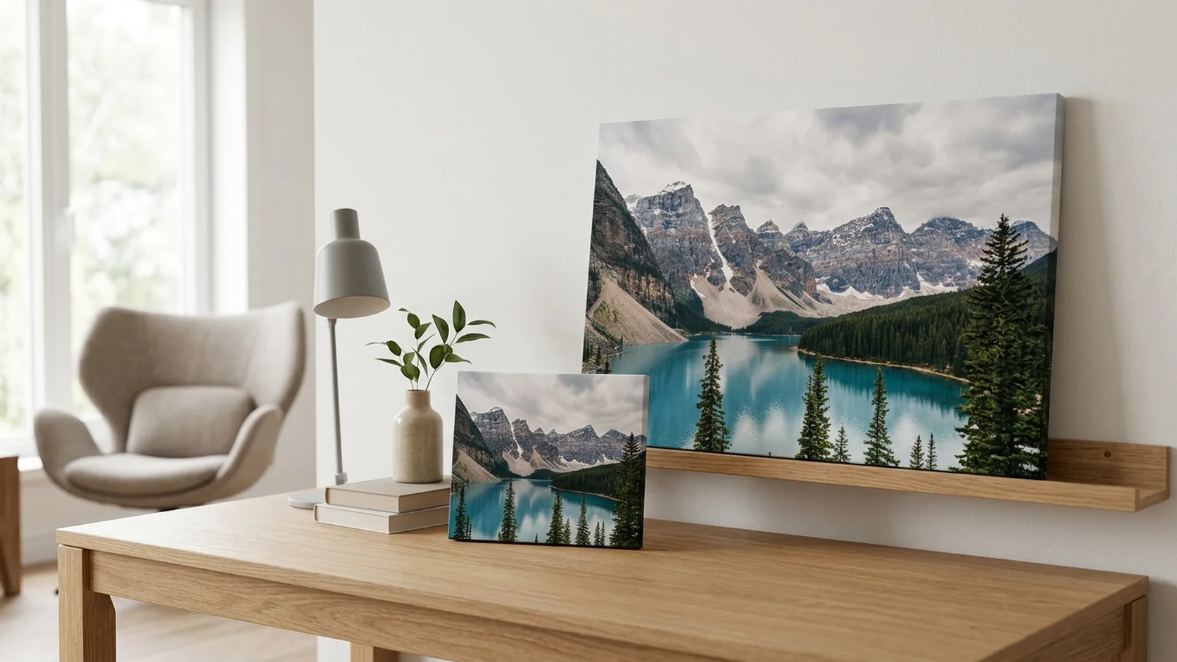 A large mountain lake canvas print on a shelf beside a smaller test print of the same photo