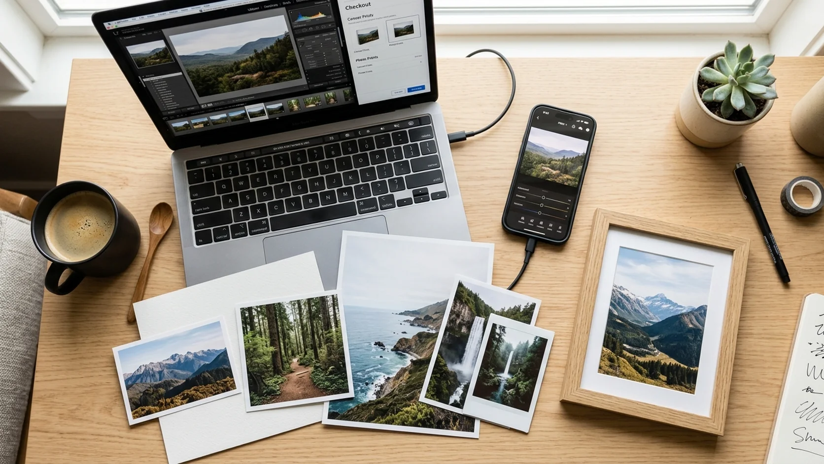 Overhead view of a photo editing workflow: laptop, phone, and printed landscape photos on a desk