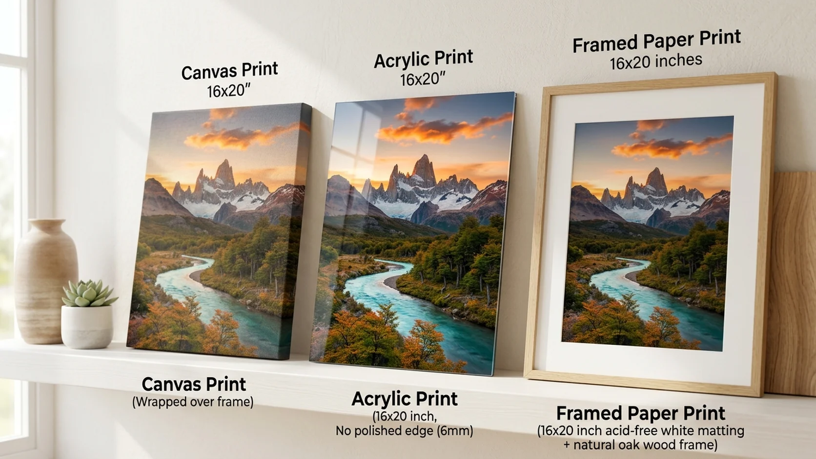 The same landscape as a canvas print, an acrylic print, and a framed paper print side by side