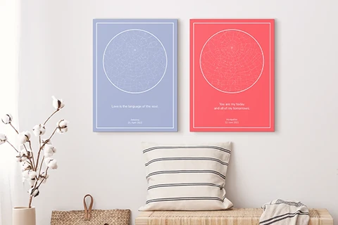 two custom star maps on a wall