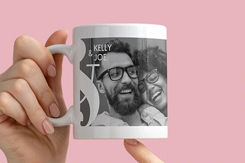 custom photo mug with black and white photo and names of couple