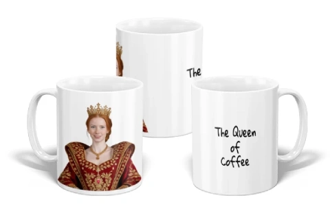 ceramic mug with photo of mom and text saying queen of coffee