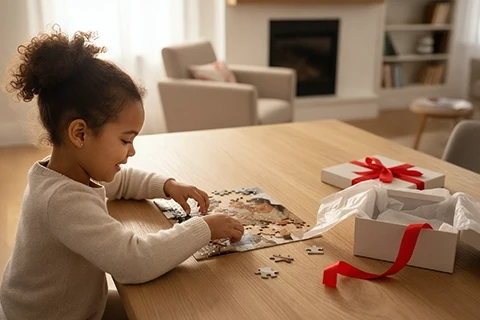 People assemble a photo puzzle