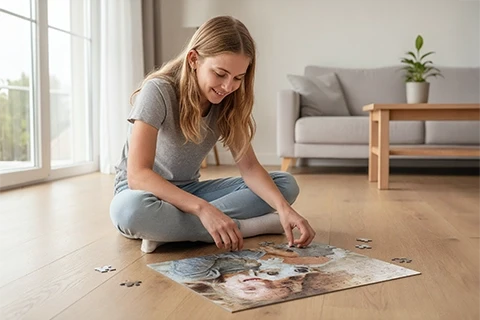 Couple assembling photo puzzle