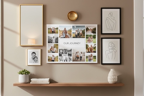 gallery wall combining a canvas collage with other art