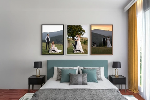 set of framed canvas in a bedroom