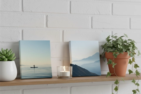 two mini canvas on a shelf